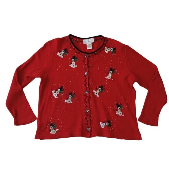 Susan Bristol Vintage Waffle Knit Button Snowmen Cardigan Women's Size Medium - Picture 1 of 12